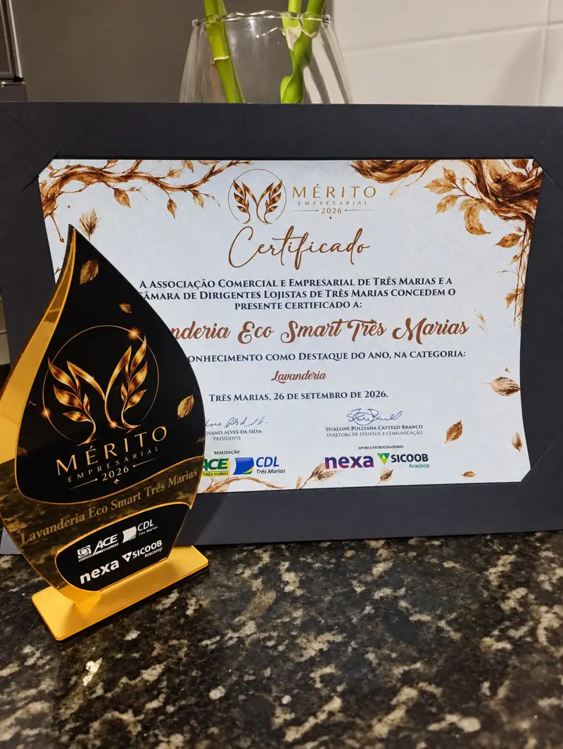 Troféu e certificado do Mérito Empresarial 2026 da Eco Smart Lavanderia Três Marias, categoria Lavanderia
