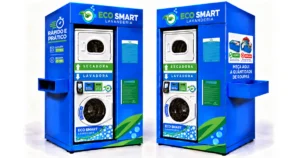 Módulo compacto de lavanderia self-service da Eco Smart Lavanderia visto pelos dois lados, com lavadora, secadora e tempos de ciclo