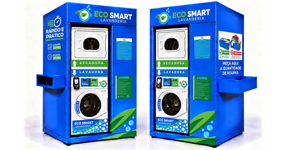 Módulo compacto de lavanderia self-service da Eco Smart Lavanderia visto pelos dois lados, com lavadora, secadora e tempos de ciclo