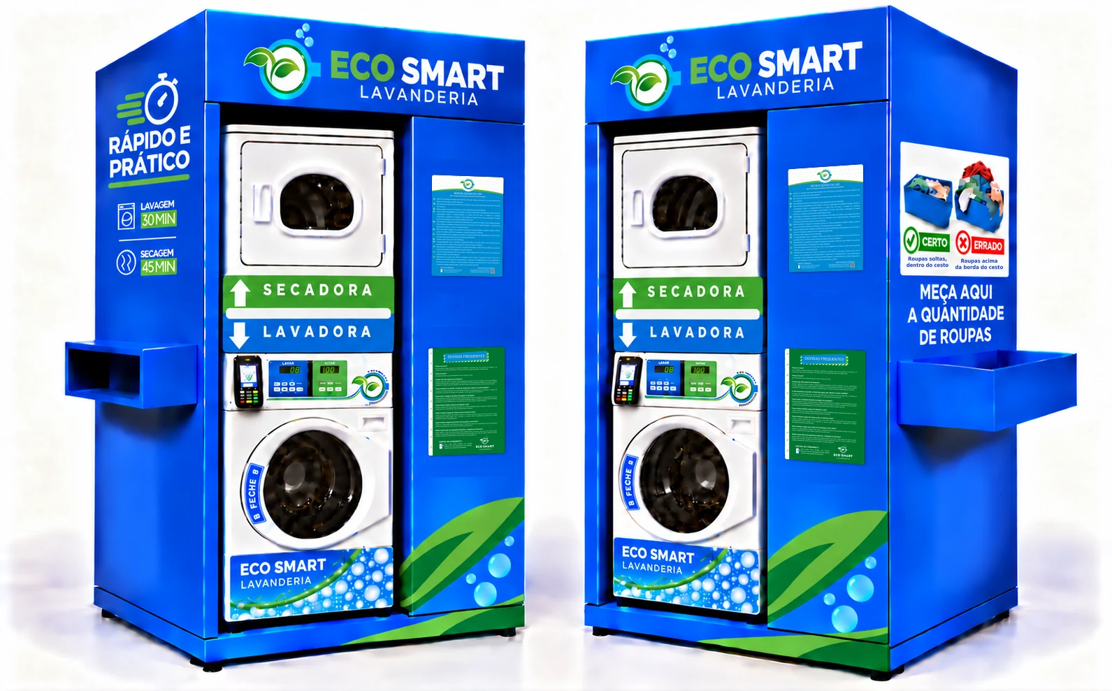 Os dois lados do módulo compacto Eco Smart, com os tempos de lavagem e secagem e a orientação de quantidade de roupas