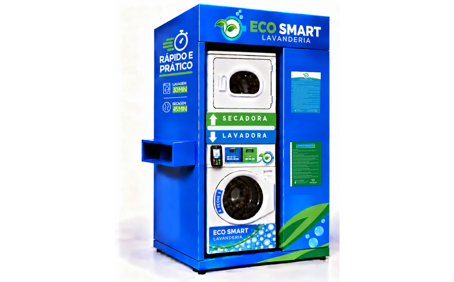 Módulo compacto Eco Smart com secadora, lavadora, totem de pagamento, regras gerais de uso e dúvidas frequentes