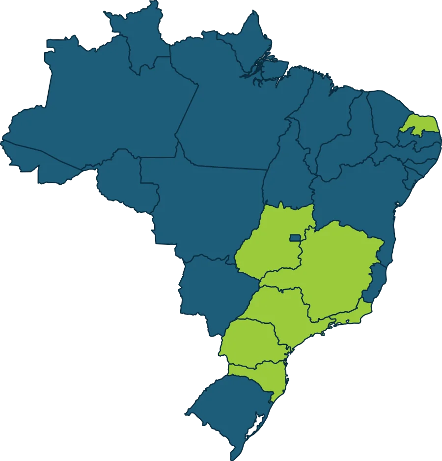 Mapa do Brasil com os 7 estados onde a Eco Smart está presente em destaque